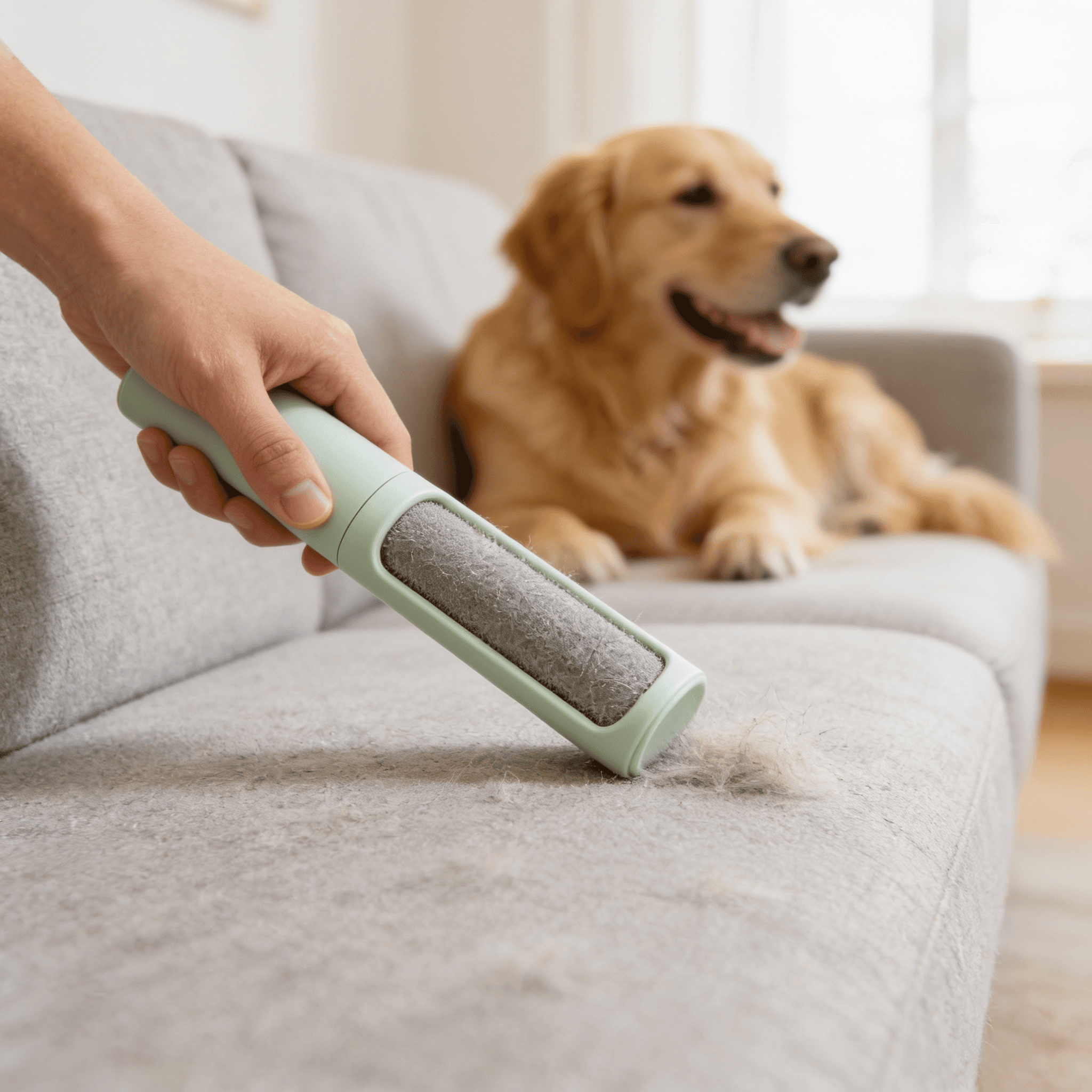 Hand entfernt mit der FurFlow Fusselbürste loses Fell vom Sofa, Hund entspannt im Hintergrund
